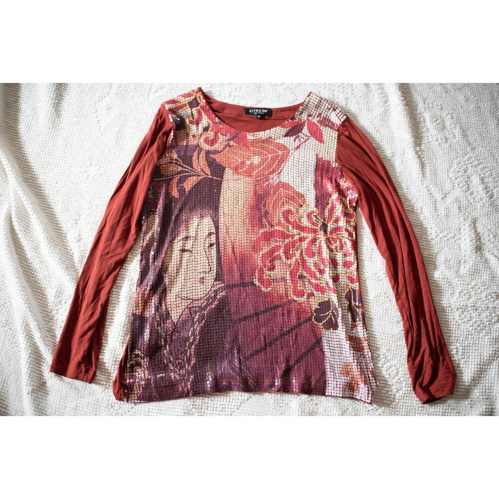 Citron Santa Monica Long Sleeve Top XL Sequined Asian Theme Geisha Brick Red